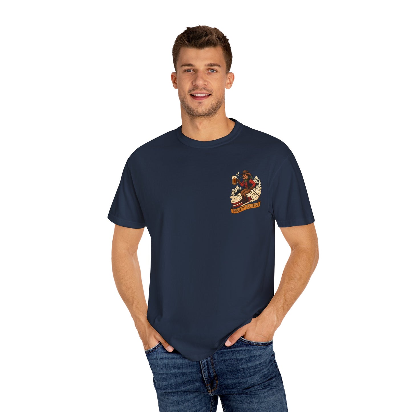 Model wearing navy blue tee, front view with ski outlaw chest print