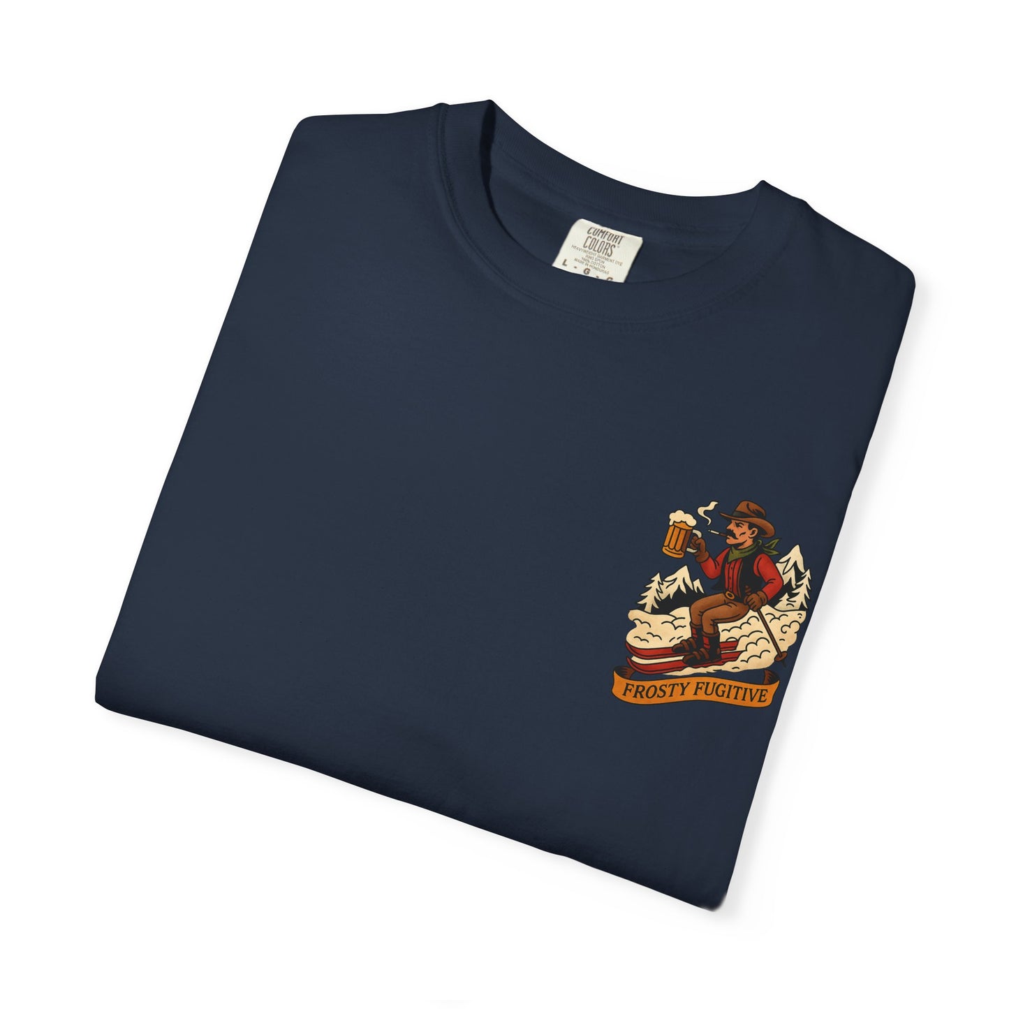 Navy blue tee folded flat showing front chest graphic of ski outlaw with beer and "Frosty Fugitive" banner