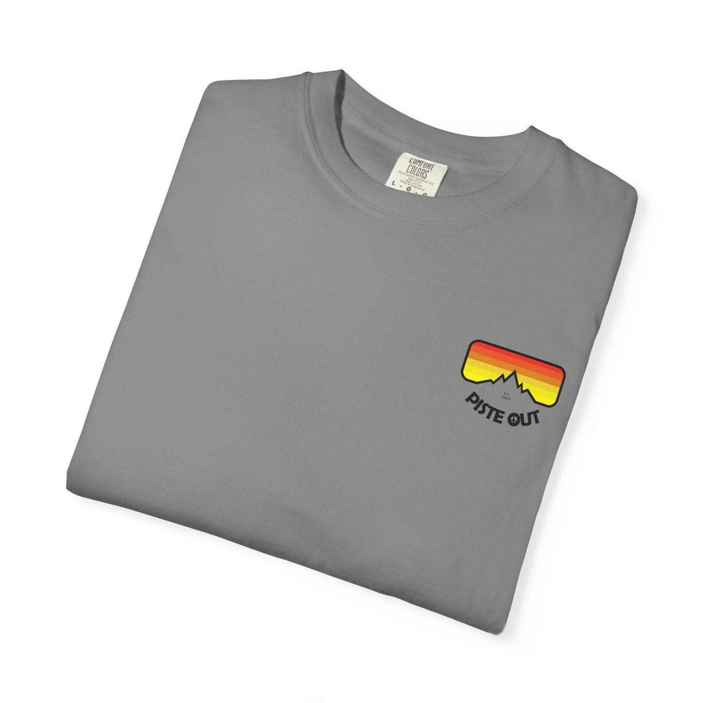 Gray tee folded flat showing retro chest logo