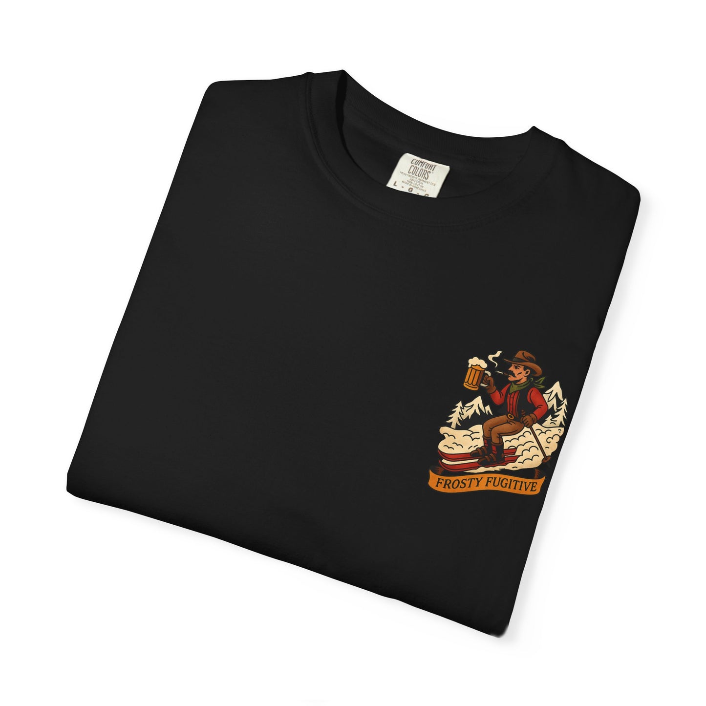 Black tee folded flat showing front chest graphic of ski outlaw with beer and "Frosty Fugitive" banner