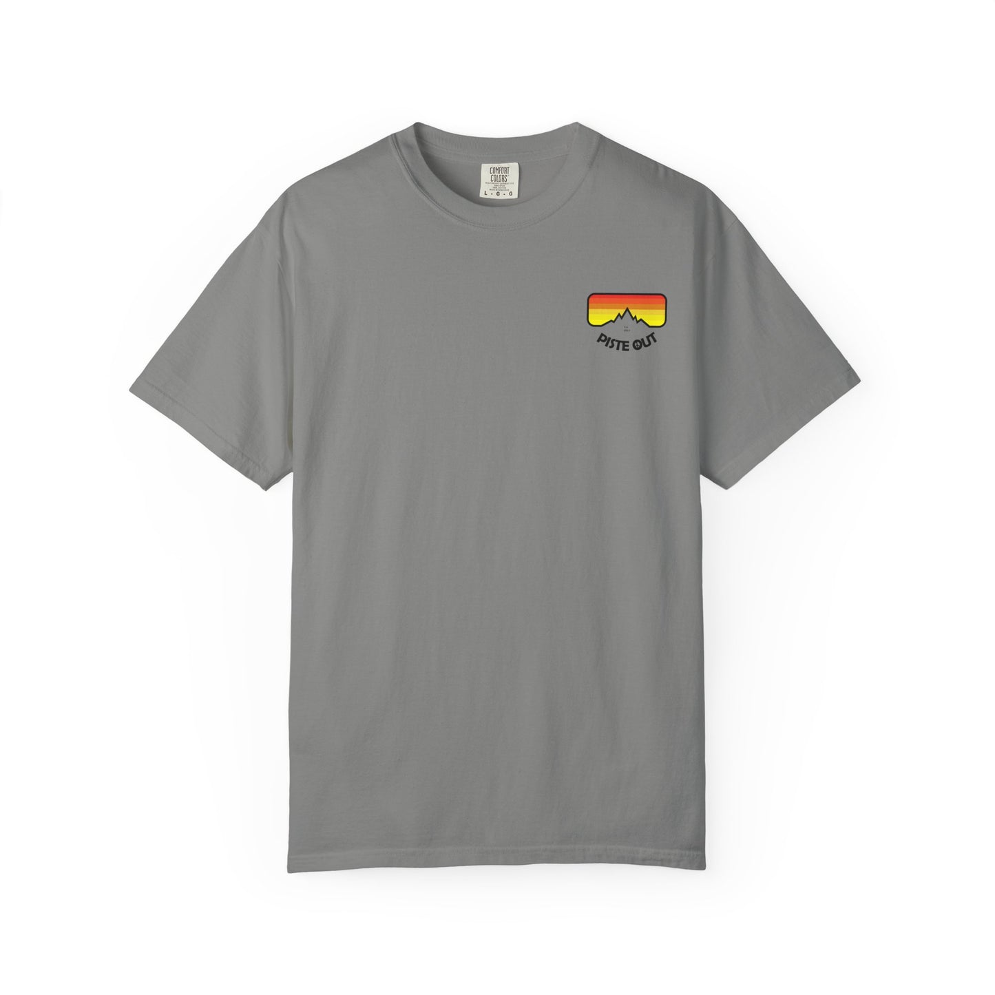 Front of grey tee with retro chest logo