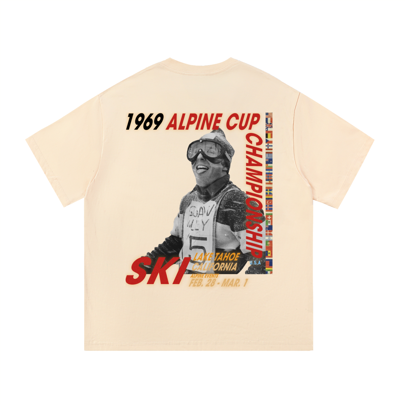 Butter 69’ Alpine Classic tee back view featuring vintage alpine poster graphic with skier photo and flag border.
