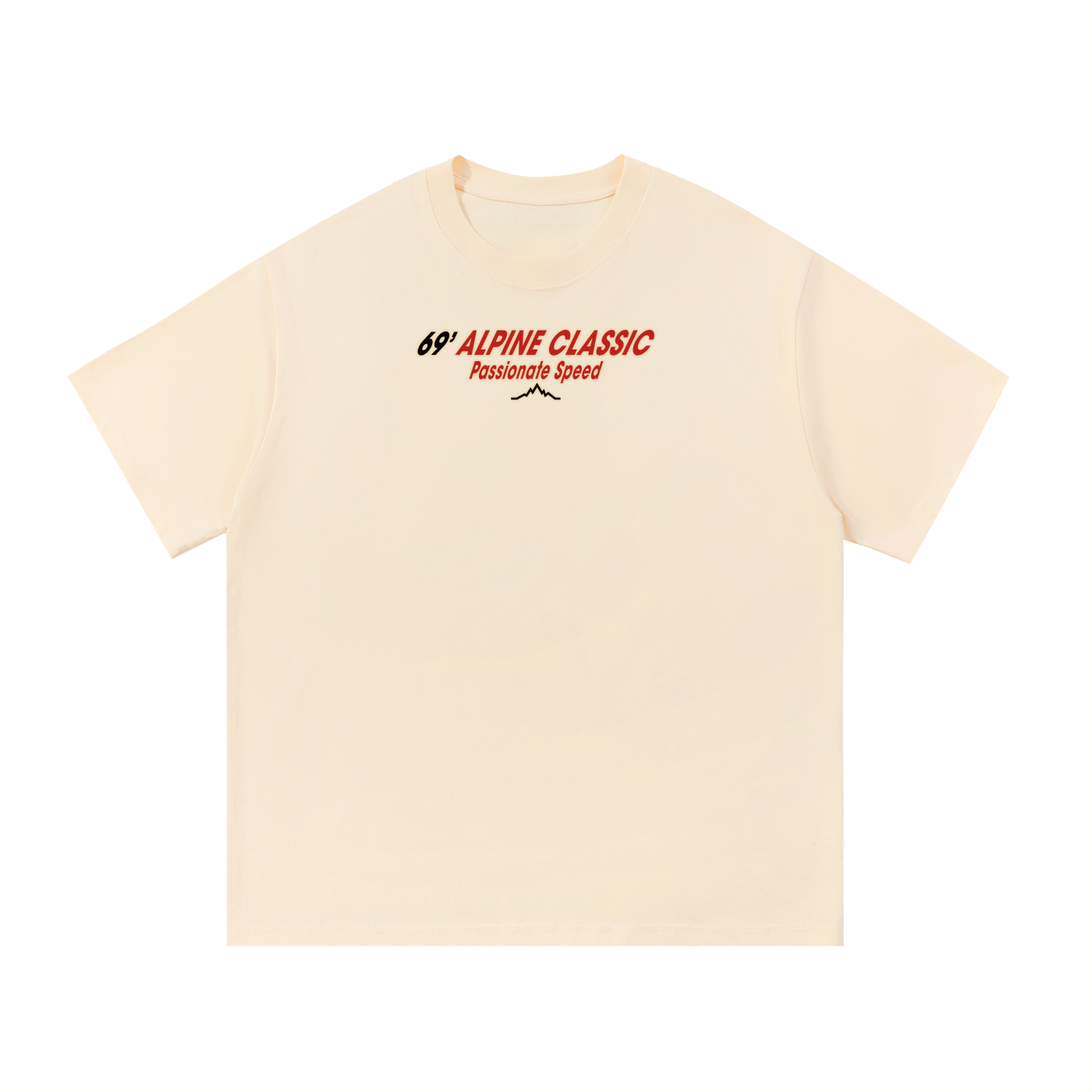 Butter 69’ Alpine Classic tee front view with small red and black chest logo and mountain submark.