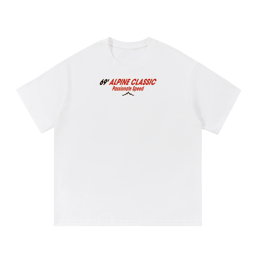 Snow 69’ Alpine Classic tee front view with small red and black chest logo and mountain submark.