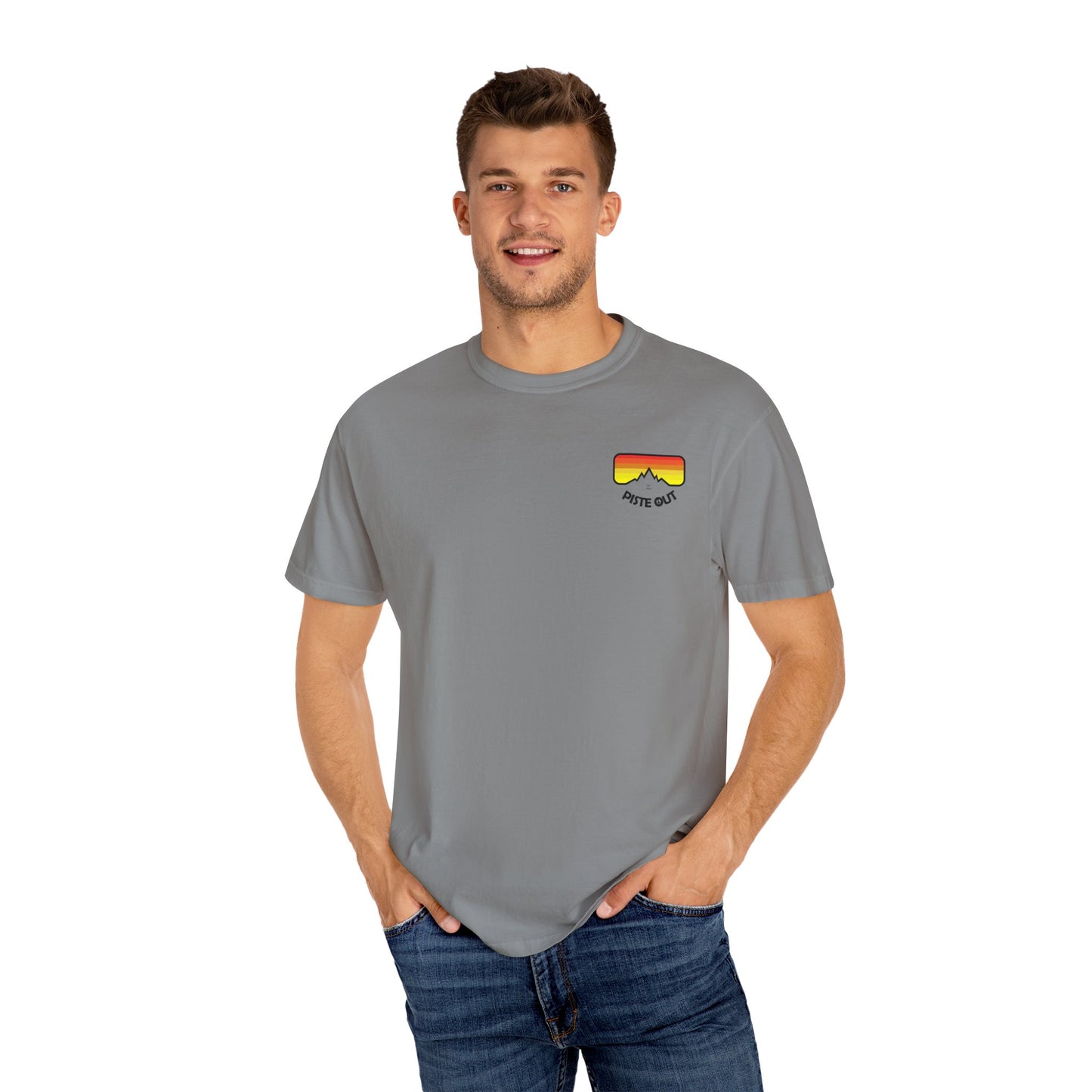 Model wearing gray tee, front view showing retro chest logo