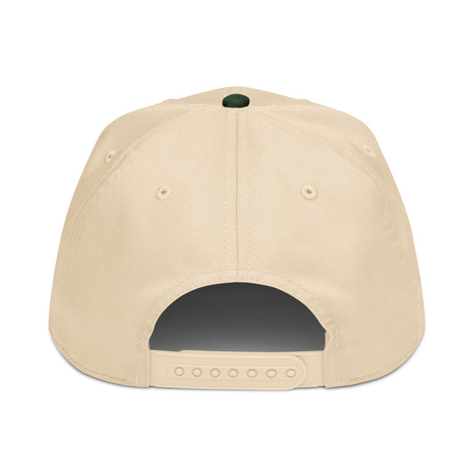 Back view of Gold Après Aspen hat with cream crown, dark green top button, and adjustable snapback closure.