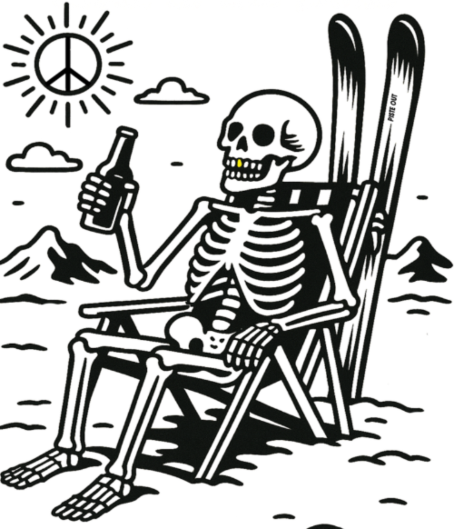 Black and white illustration of Slick Rick, a skeleton lounging in a chair with a beer bottle and skis, under a sun with a peace sign — mascot of spring skiing and après culture.
Black and white illustration of Slick Rick, a skeleton lounging in a chair with a beer bottle and skis, under a sun with a peace sign — mascot of spring skiing and après culture.