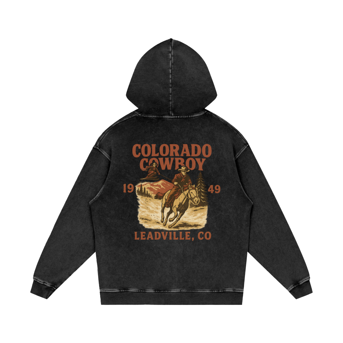 Back view of faded black diamond Colorado Cowboy hoodie with vintage rodeo graphic reading “Colorado Cowboy, Leadville CO, 1949.”
