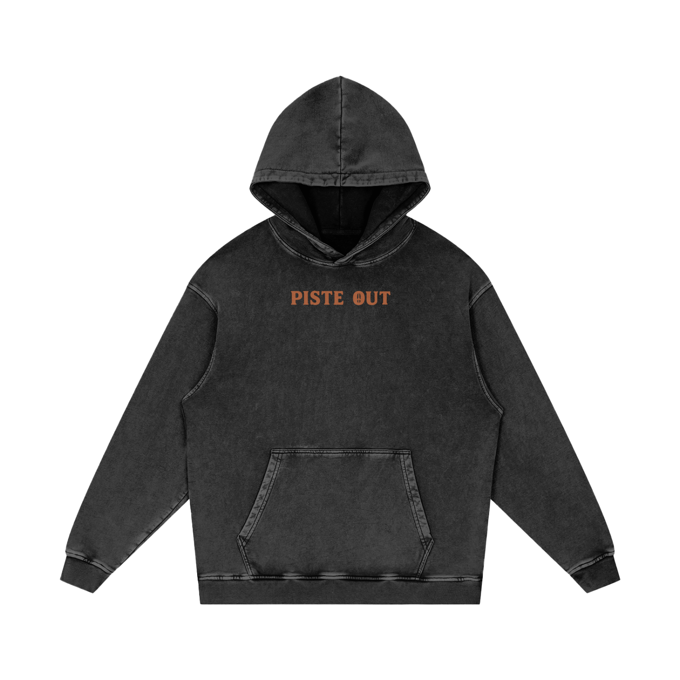 Front view of faded black diamond Colorado Cowboy hoodie with rustic orange “PISTE OUT” chest print.