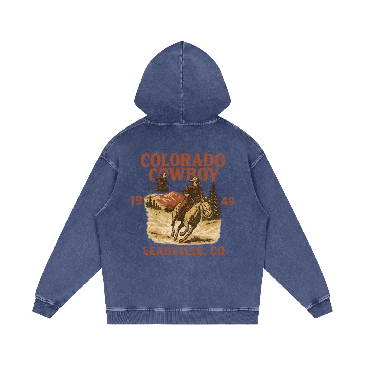 Back view of blue square Colorado Cowboy hoodie with sepia-toned cowboy riding horse and “Leadville, CO 1949” text.