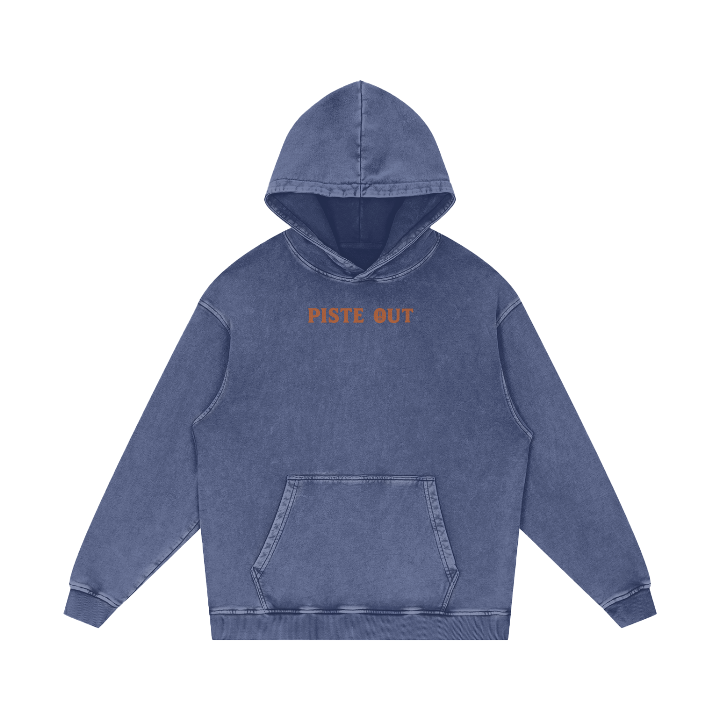 Front view of blue square washed Colorado Cowboy hoodie with vintage orange “PISTE OUT” chest print.