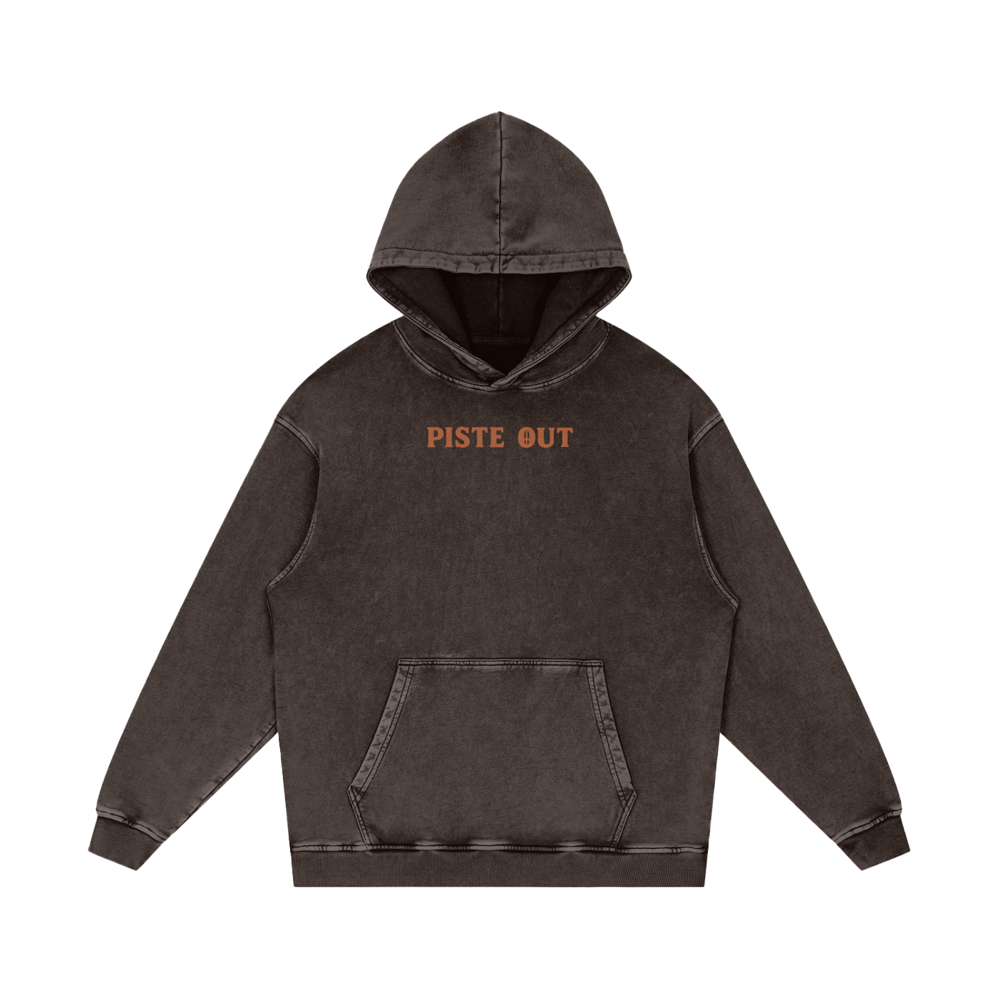 Front view of espresso brown Colorado Cowboy hoodie with orange “PISTE OUT” chest logo on sun-faded wash.