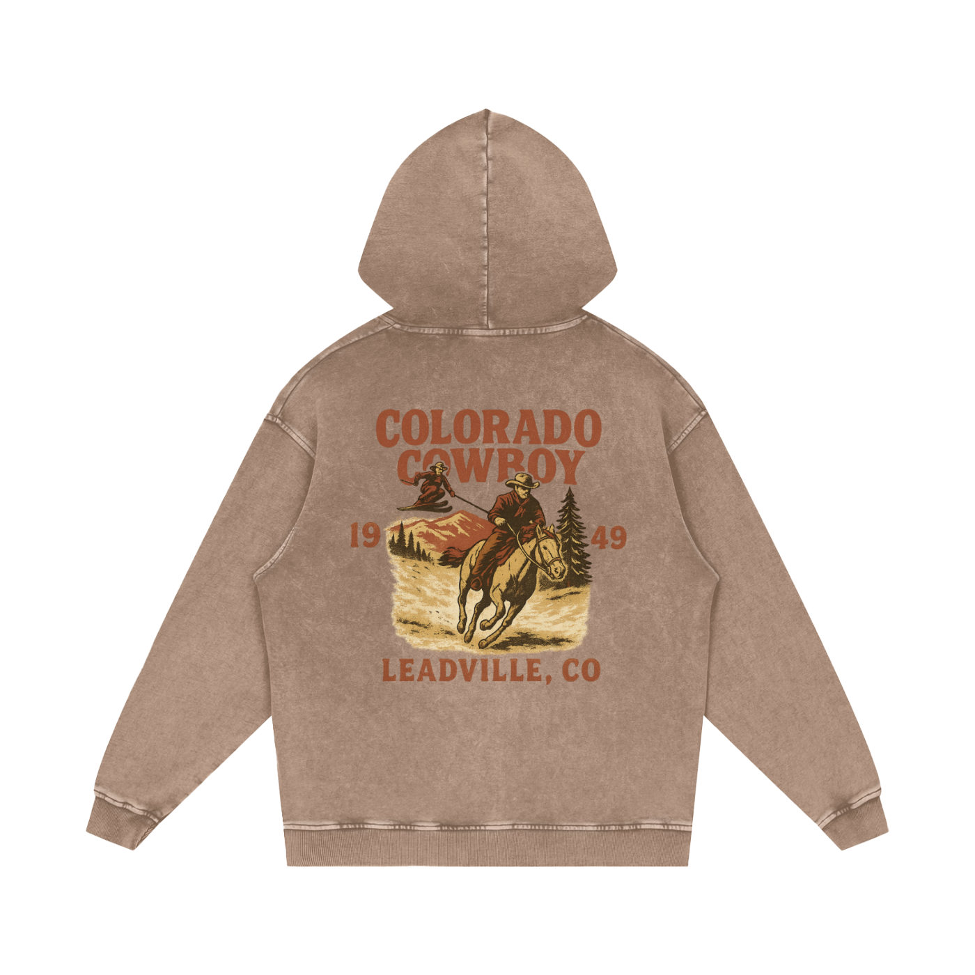 Back view of sand Colorado Cowboy hoodie with aged rodeo poster-style cowboy design and Leadville, Colorado lettering.