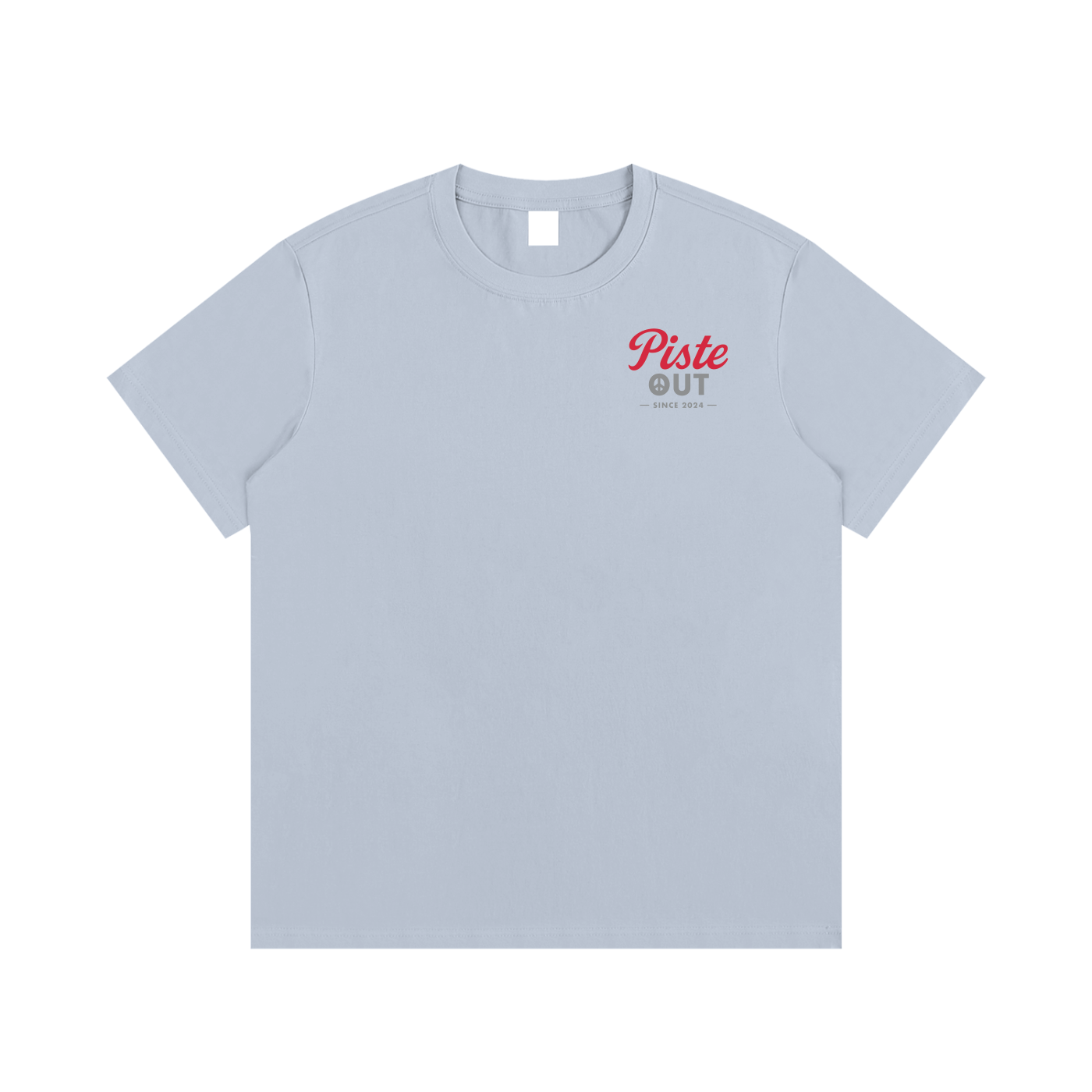 Front view of blue bird High Calorie Sports Drink après ski tee with red Piste Out chest logo.