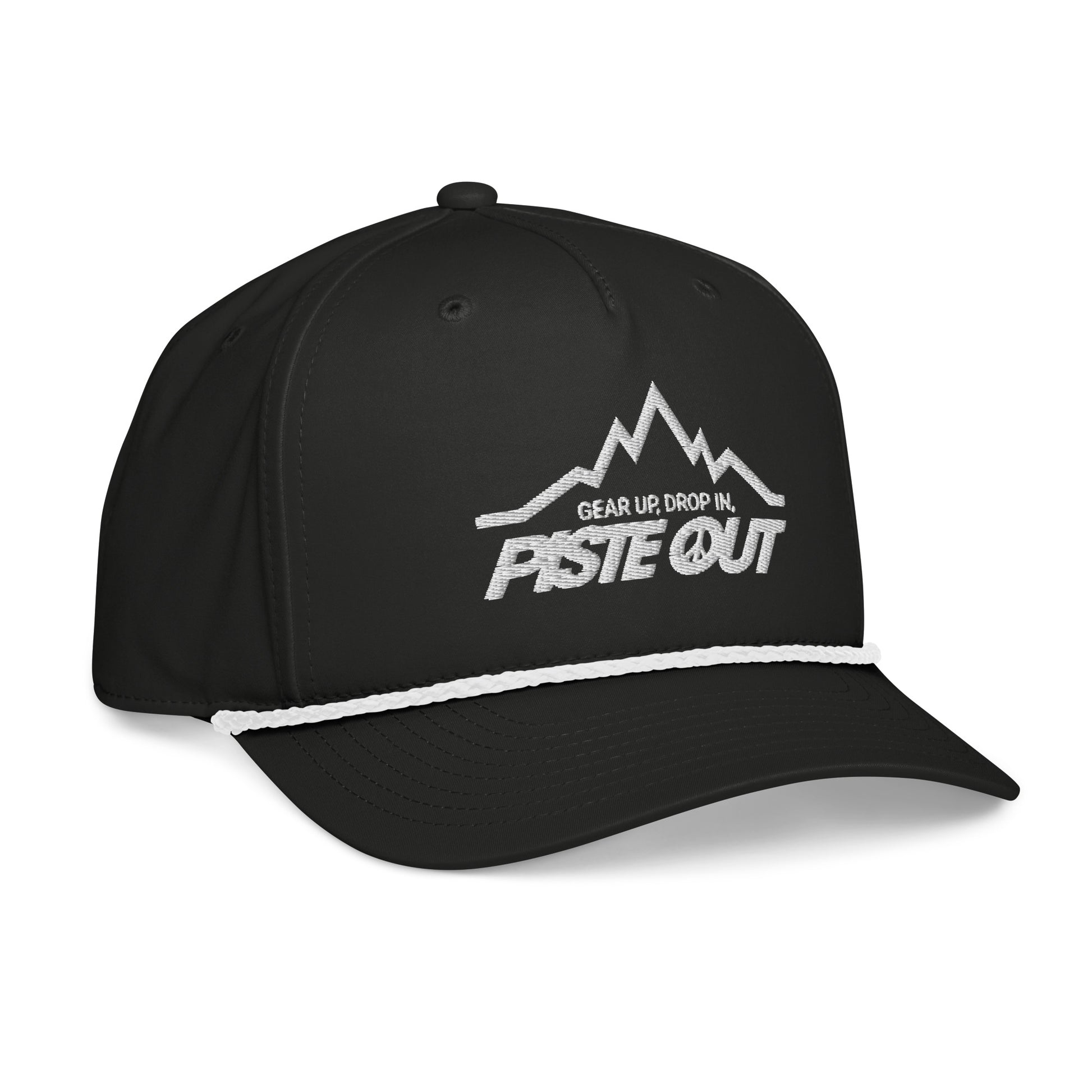 Straight back view of Piste Out Mountain Lines Rope Hat in Black Diamond with adjustable snapback closure and white rope accent