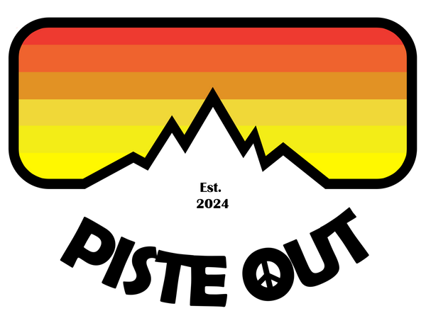 Piste Out mountain goggle logo with orange to yellow gradient sunset reflection