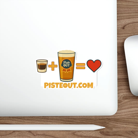 Alta Bomb ski culture sticker placed on a silver laptop, showing après ski shot and beer pint equals heart design.