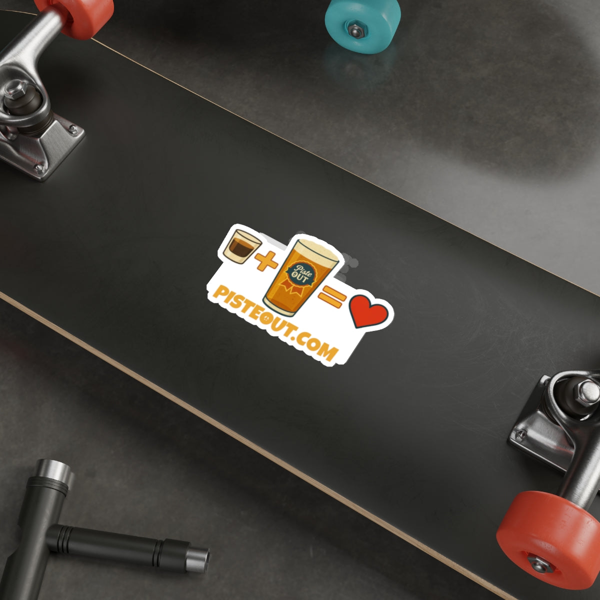 Alta Bomb après ski sticker on black skateboard deck with shot and beer pint equals heart ski culture design.