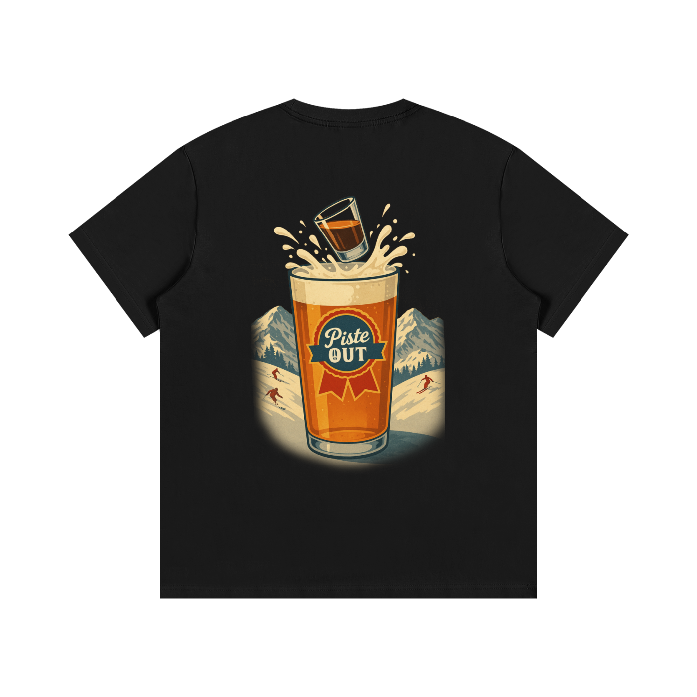 Back view of black diamond Alta Bomb après ski tee featuring shot dropping into a beer glass with Piste Out logo.