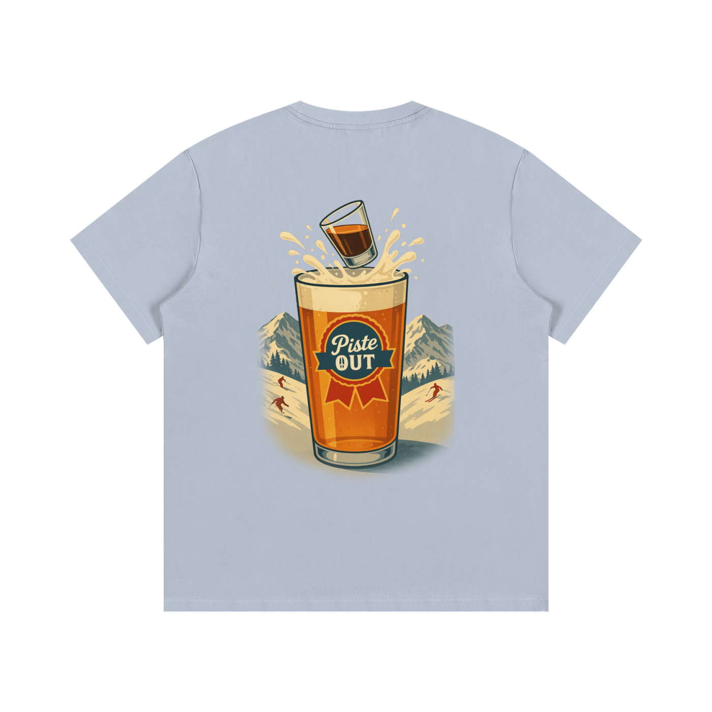 Back view of blue bird Alta Bomb tee showing beer splash graphic and Piste Out logo.