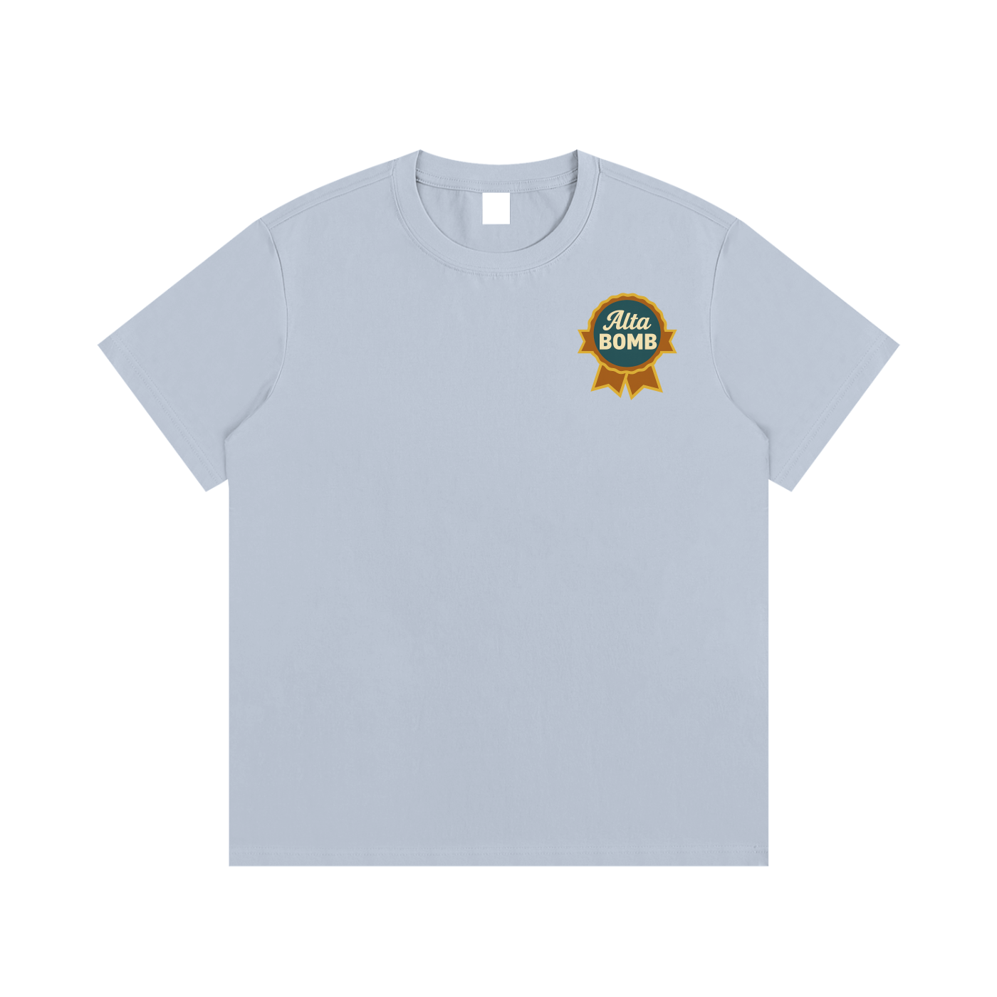 Front view of blue bird Alta Bomb après ski t-shirt with gold and teal front badge graphic.