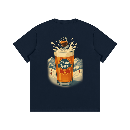 Back view of blue square Alta Bomb tee showing beer splash artwork and Piste Out logo.