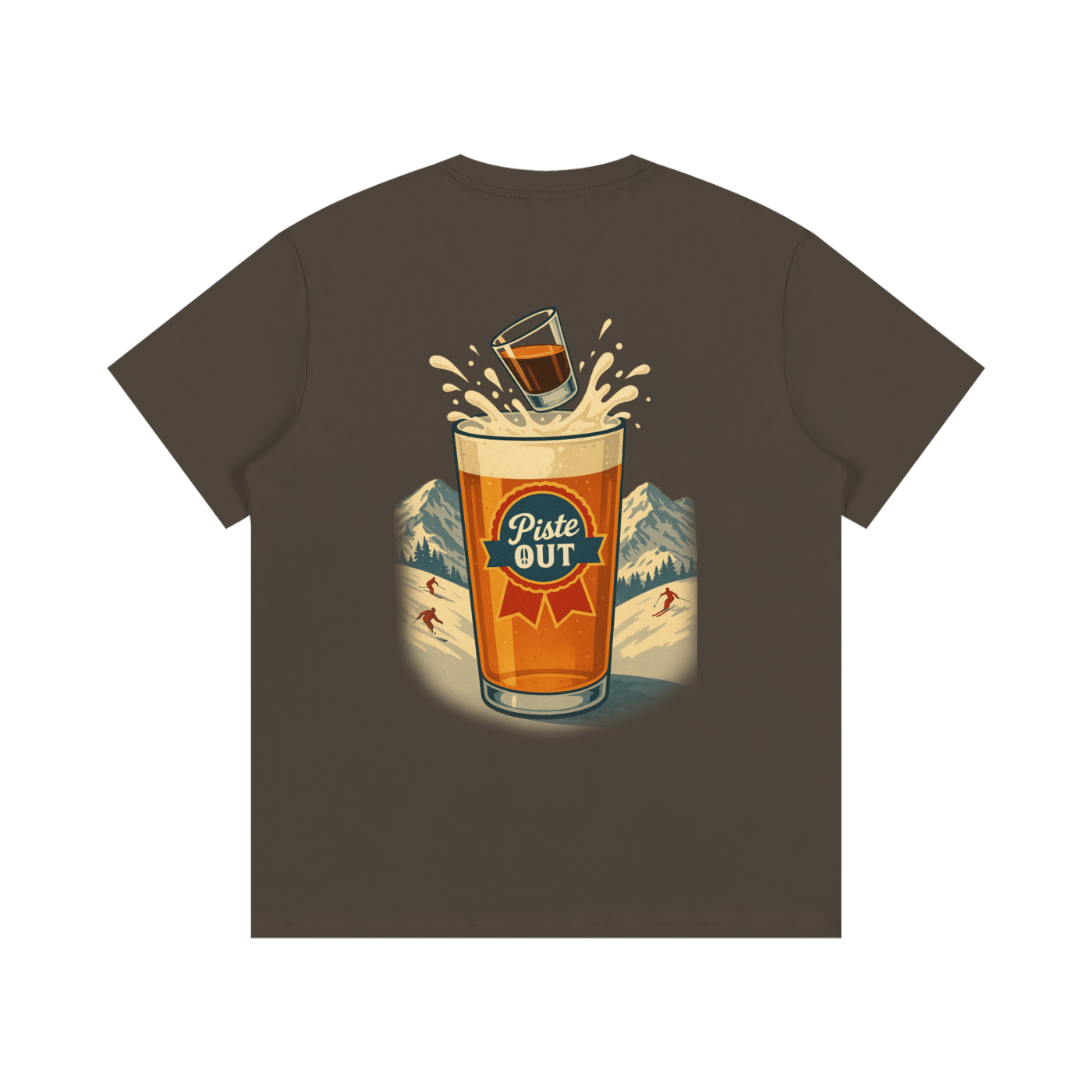 Back view of espresso Alta Bomb tee with and beer splash design against mountain scene.