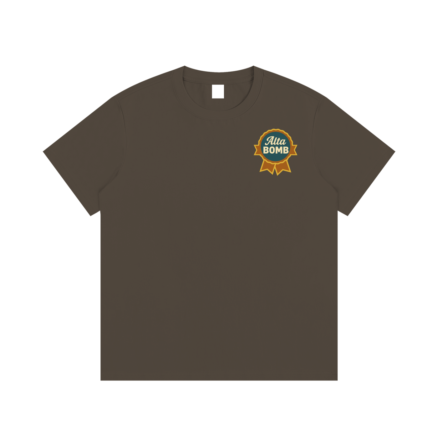Front view of espresso Alta Bomb après ski t-shirt with gold and teal badge logo on chest.