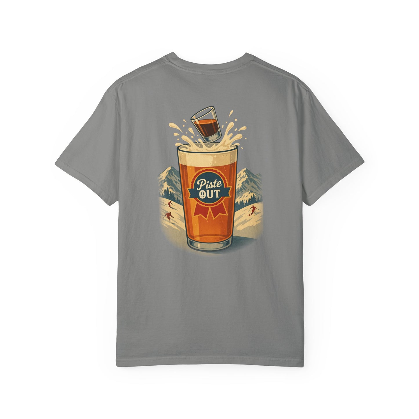 Back view of graphite grey Alta Bomb après ski shirt with pint splash illustration.