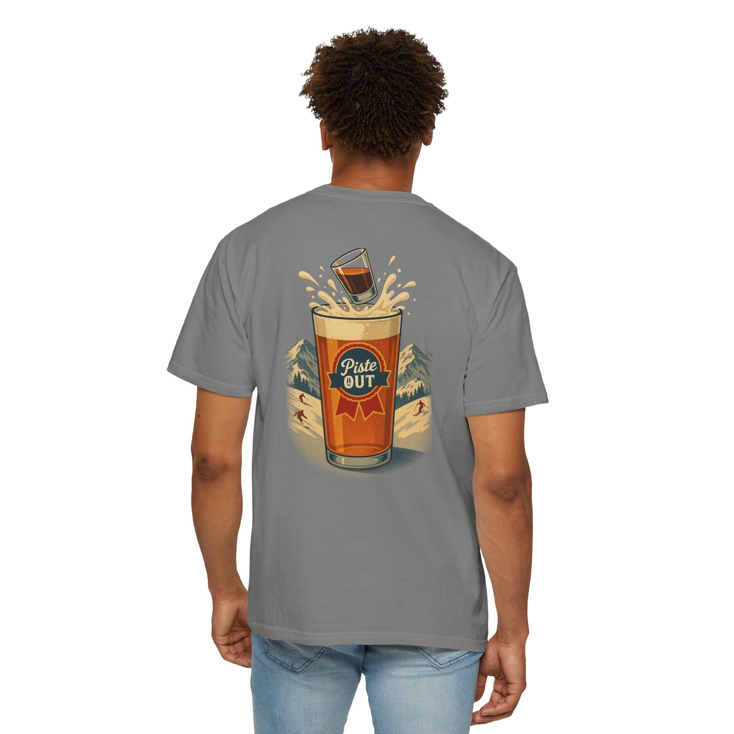 Model wearing graphite grey Alta Bomb après ski shirt, back pint glass splash graphic.