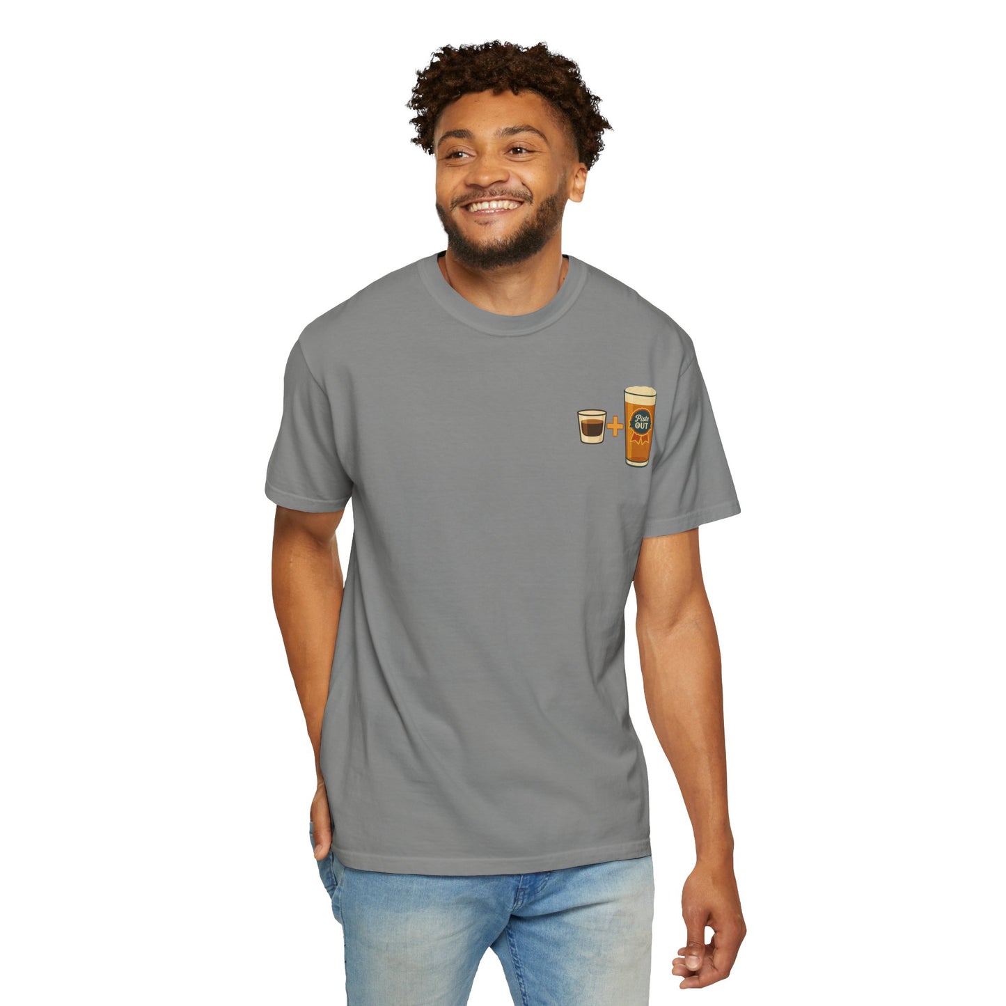 Model wearing graphite grey Alta Bomb après ski shirt, front chest design.