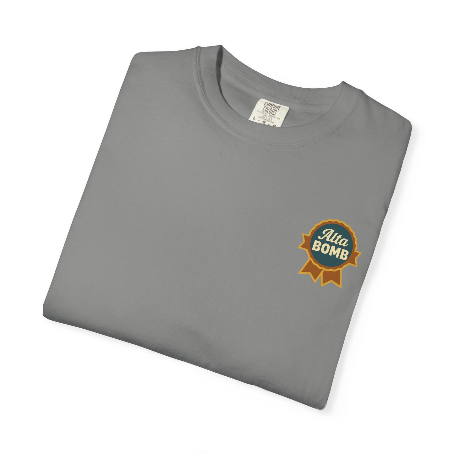 Folded gray Alta Bomb t-shirt with Alta Bomb ribbon badge chest design.