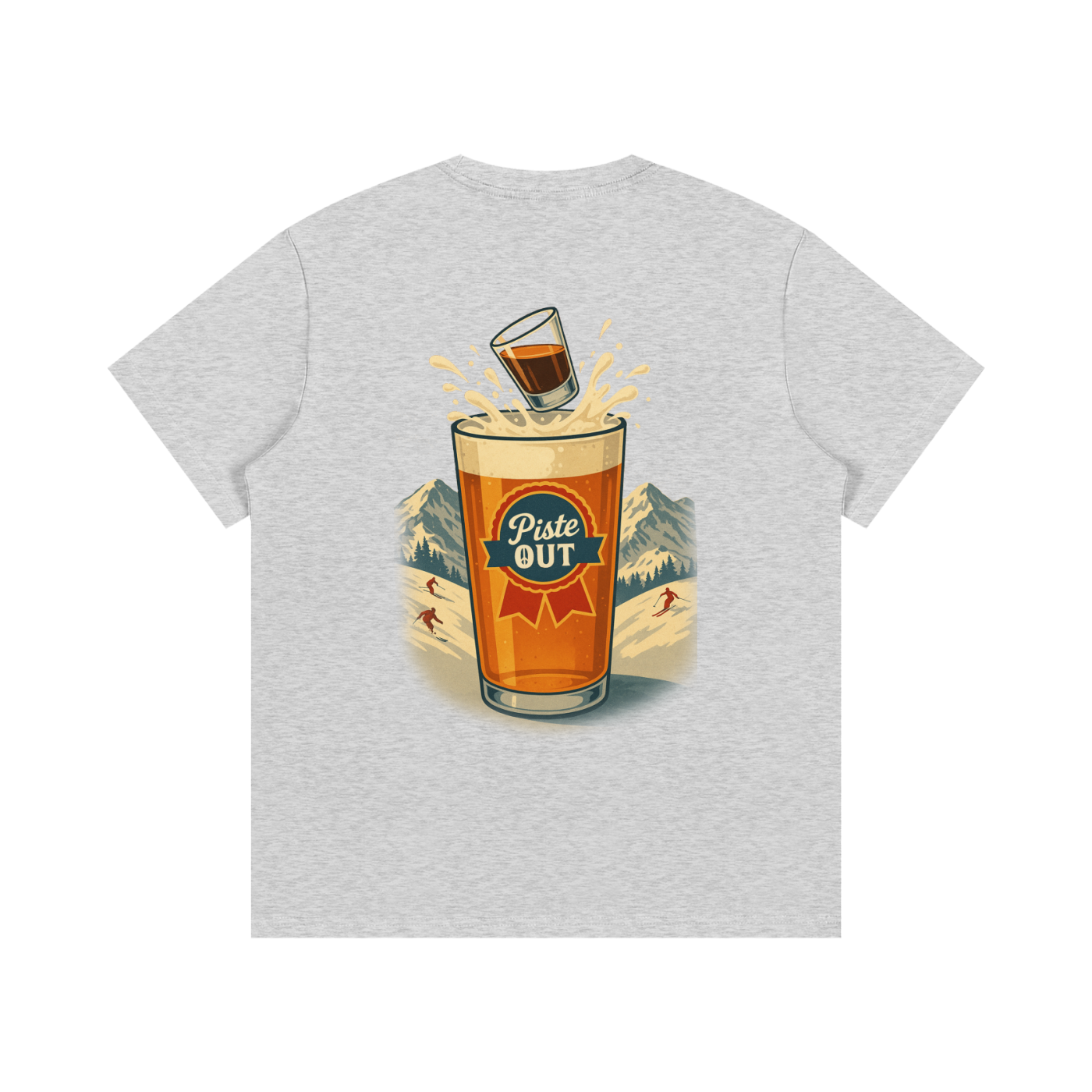 Back view of heather gray Alta Bomb tee with vintage beer splash graphic and Piste Out logo.