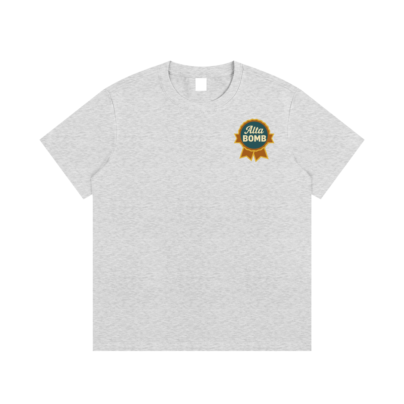 Front view of heather gray Alta Bomb après ski t-shirt with badge emblem on chest.