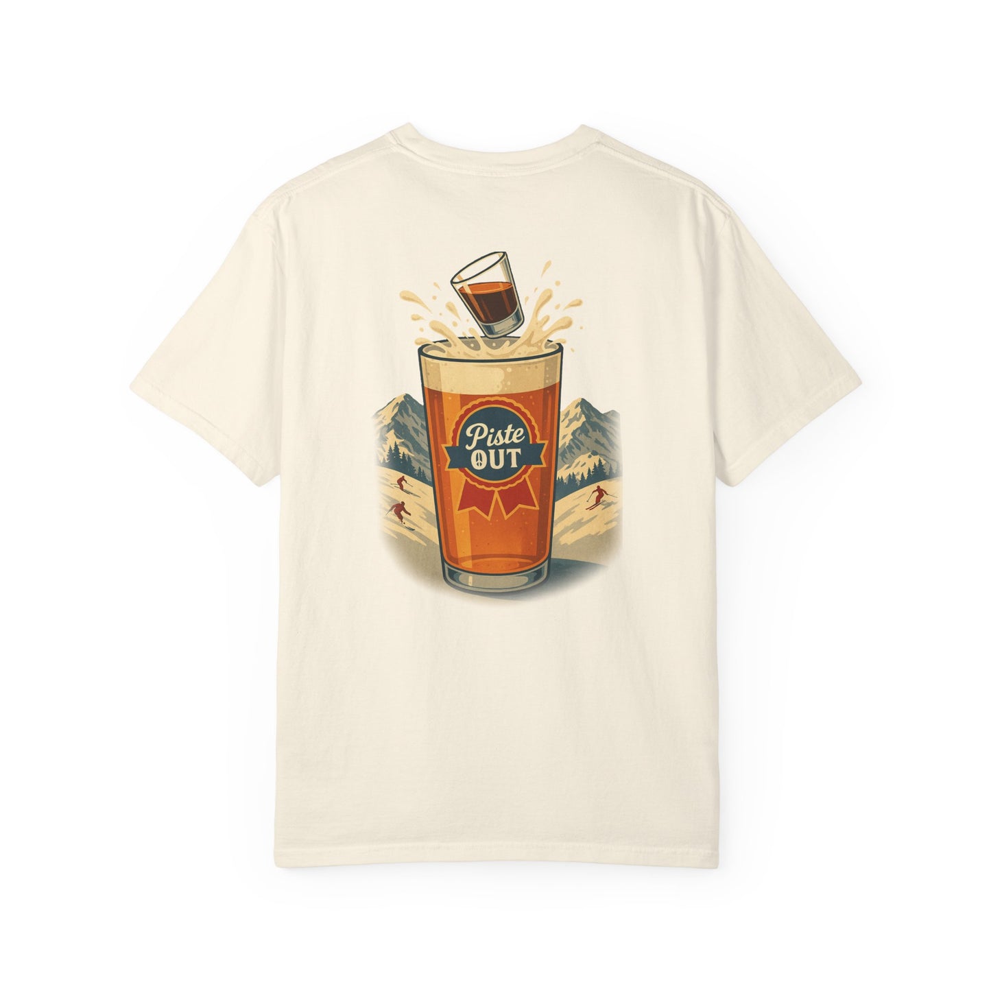 Back view of ivory Alta Bomb après ski shirt with pint glass splash design.