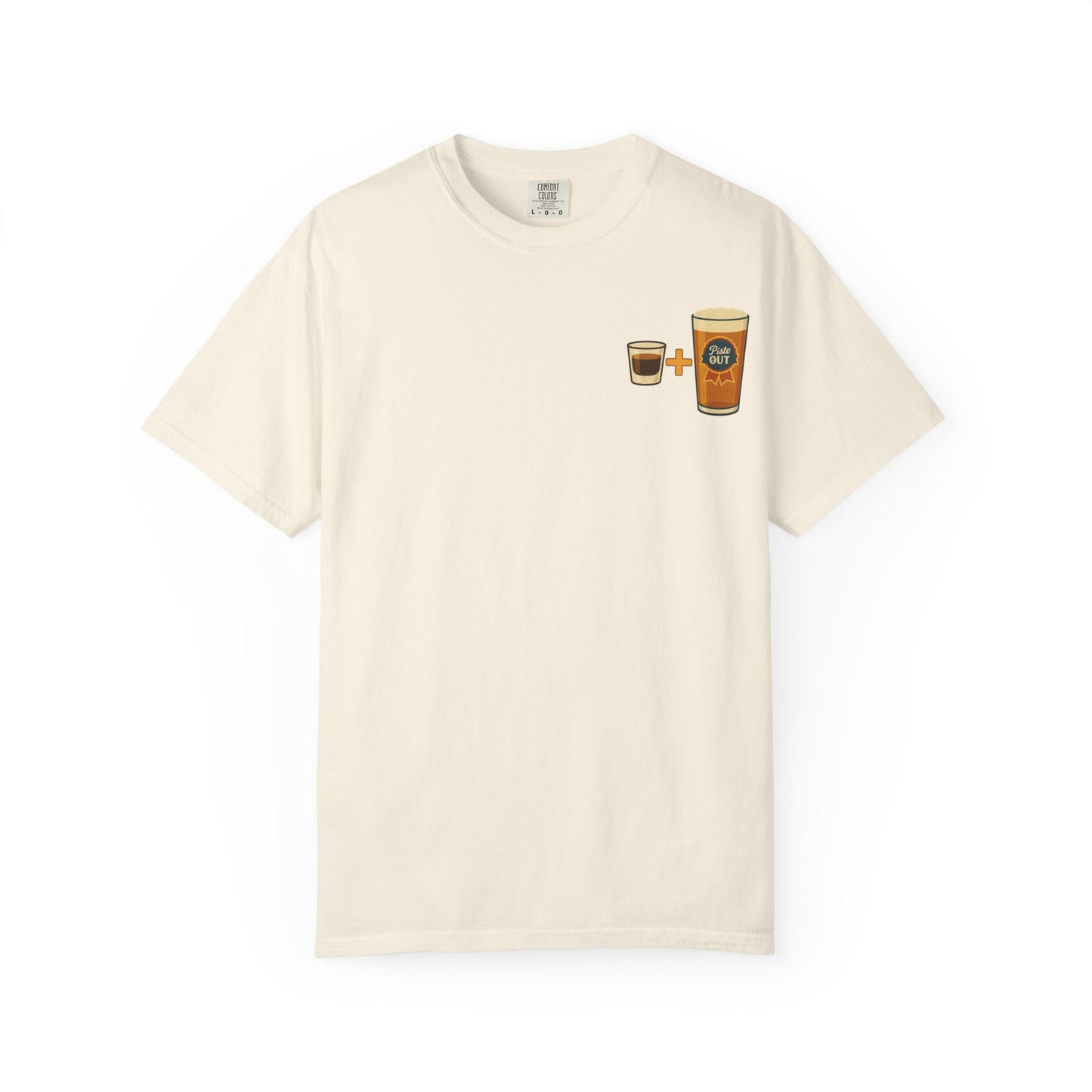 Flat front view of ivory Alta Bomb après ski t-shirt with pint and shot glass.