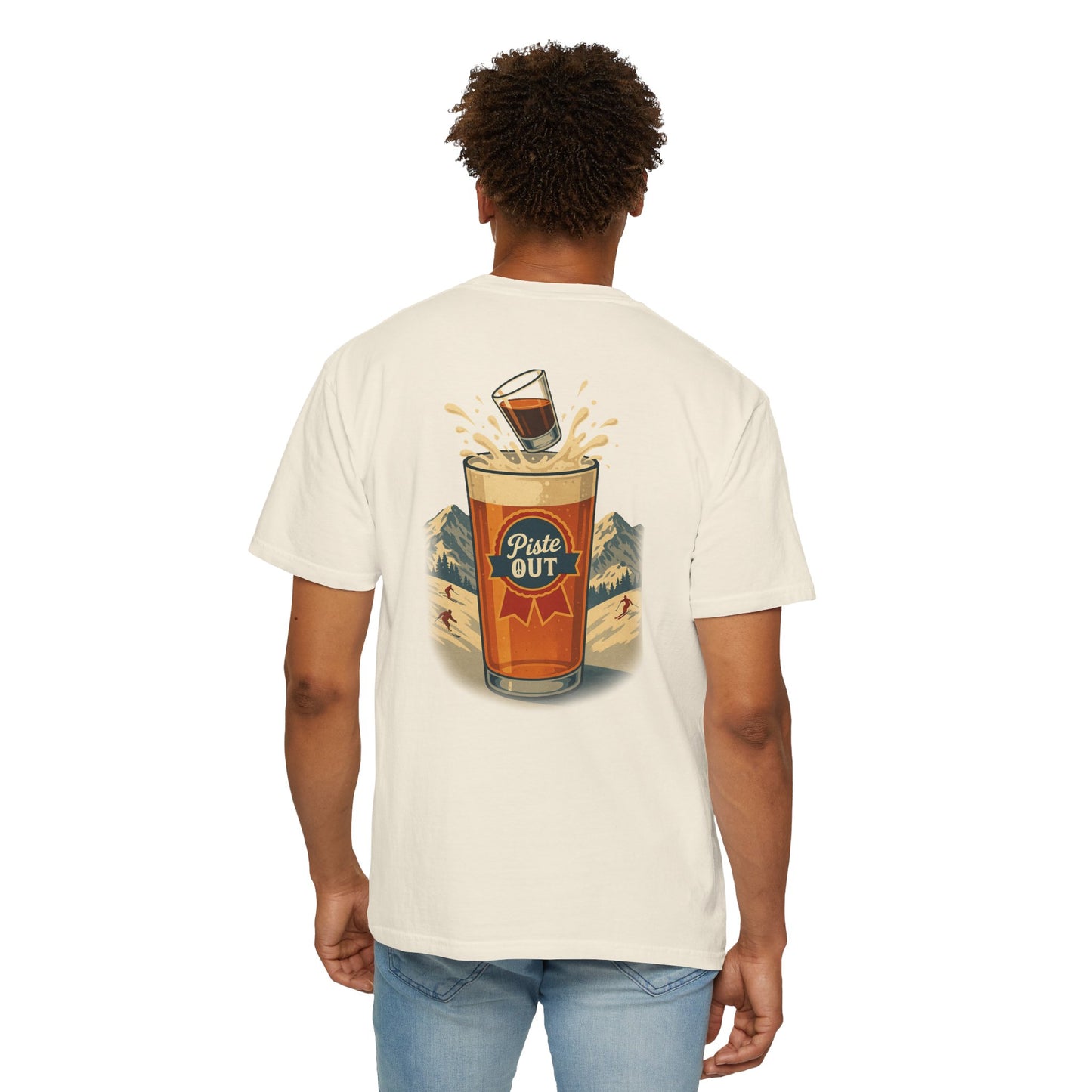Model wearing ivory Alta Bomb après ski shirt, back pint glass splash design.