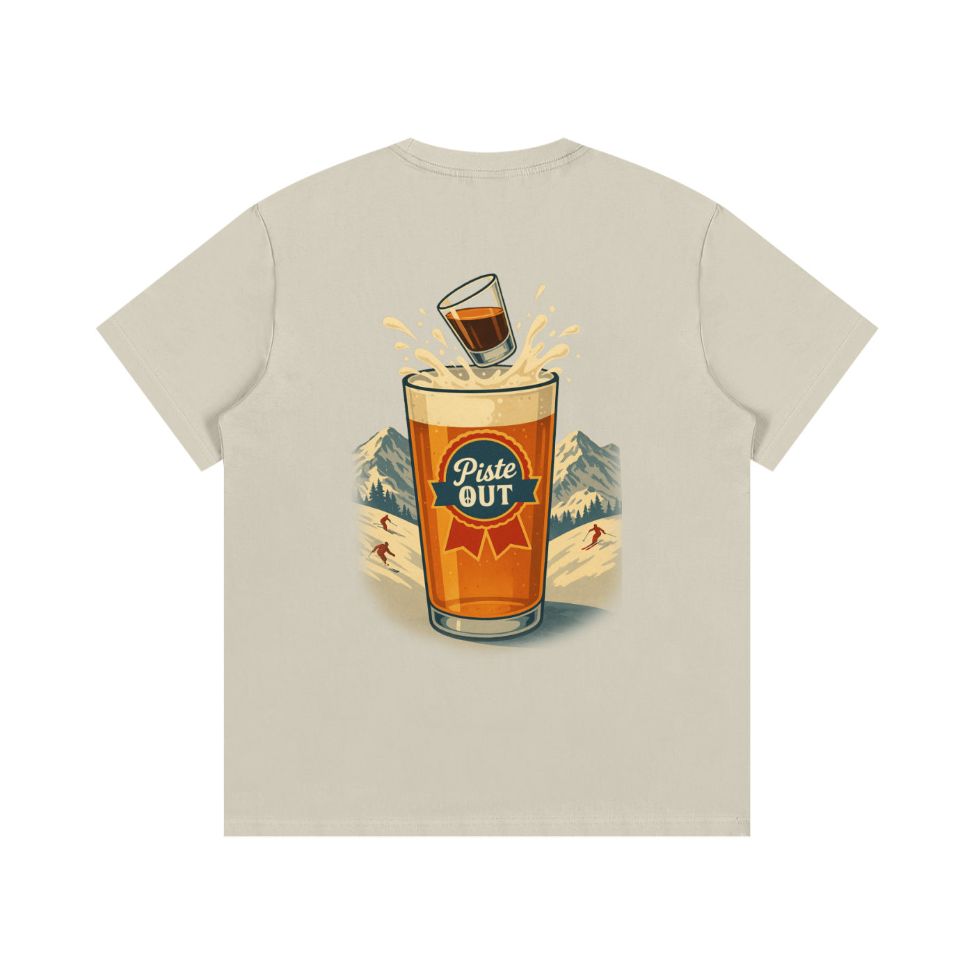Back view of khaki Alta Bomb tee with shot dropping into beer pint and mountain backdrop.