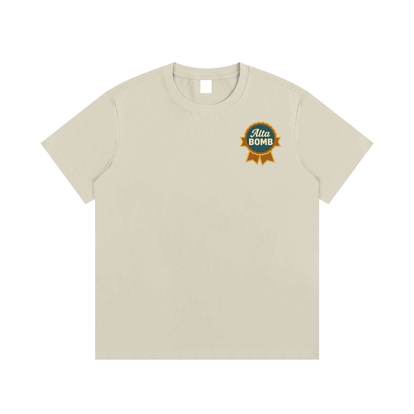 Front view of khaki Alta Bomb après ski t-shirt with vintage badge-style front logo.