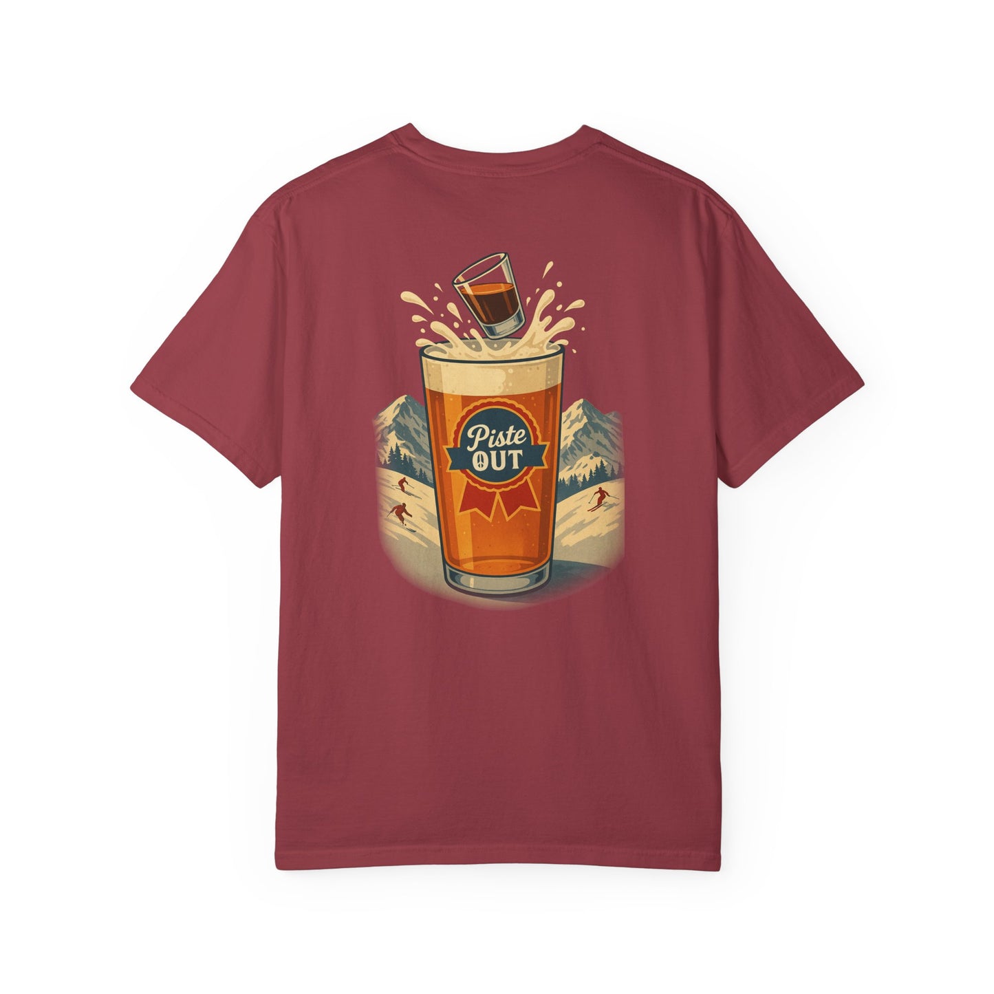 Back view of maroon Alta Bomb après ski shirt with pint splash graphic.