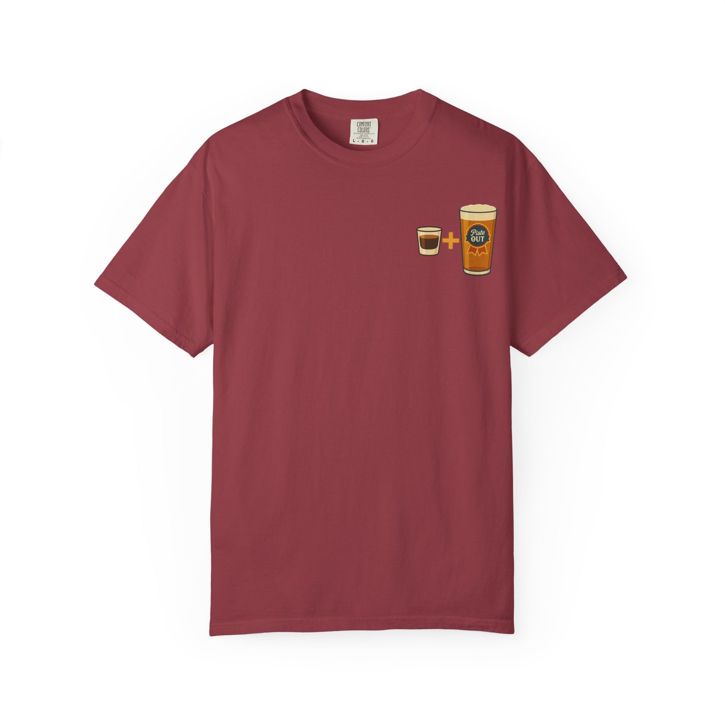 Front view of maroon Alta Bomb après ski t-shirt with pint and shot glass design.