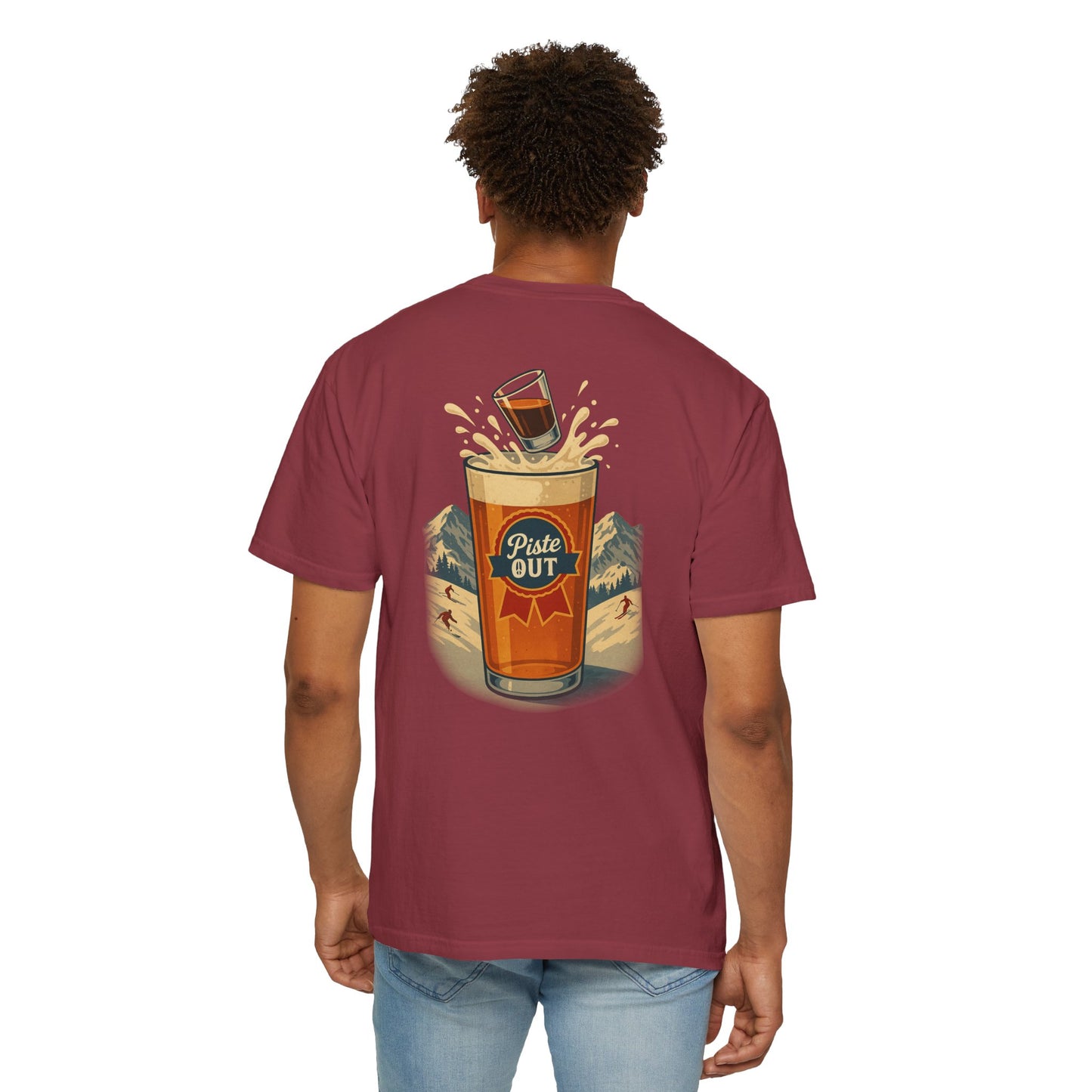 Model wearing maroon Alta Bomb après ski shirt, back pint glass splash design.