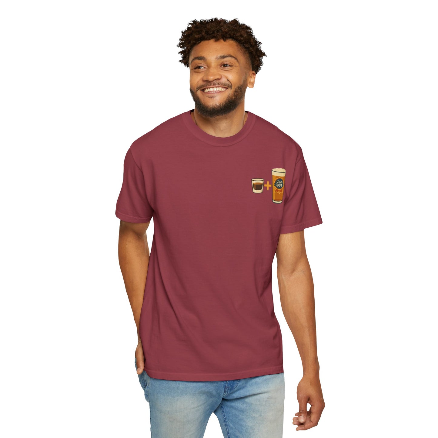 Model wearing maroon Alta Bomb après ski shirt, pint and shot glass design on chest.