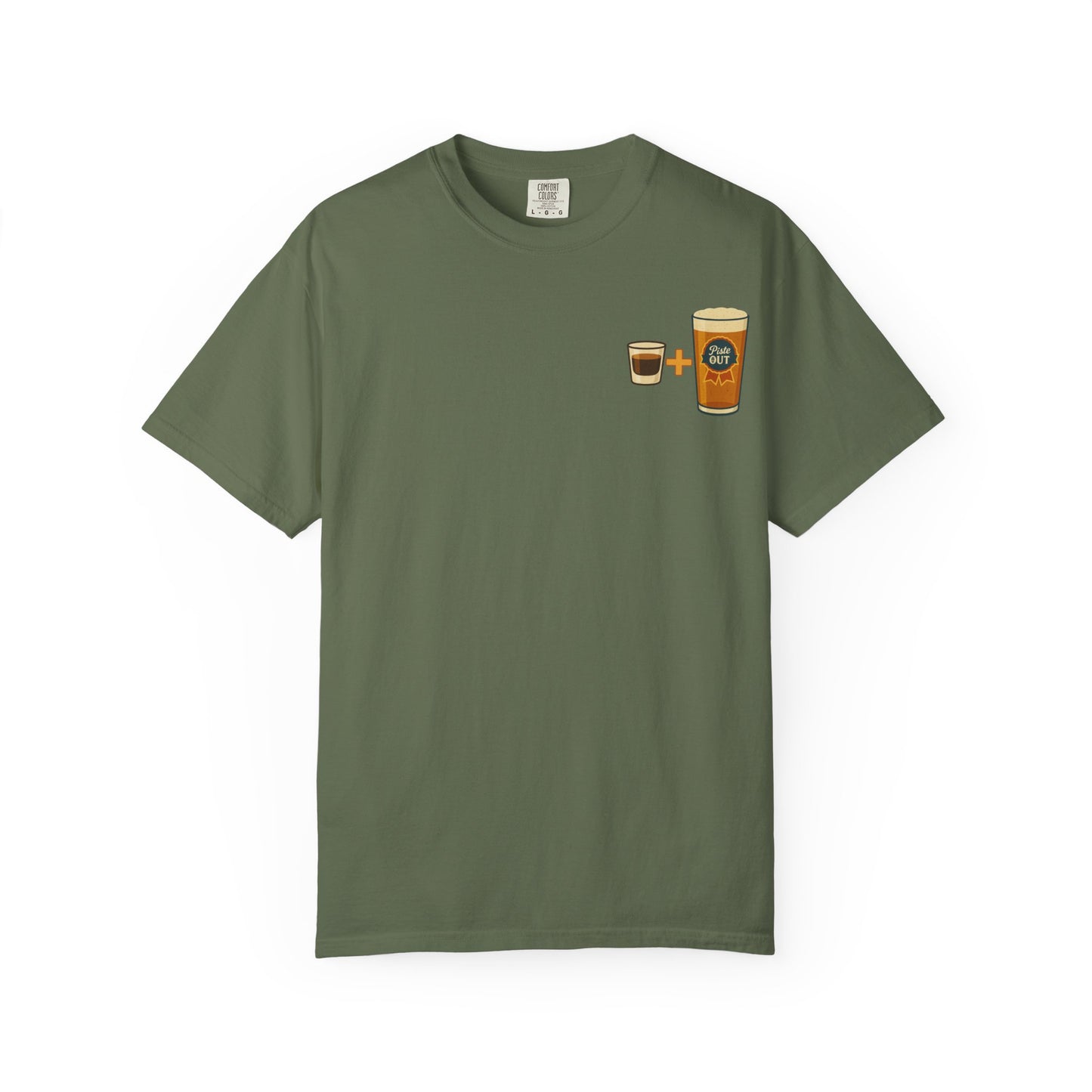 Back view of military green Alta Bomb après ski shirt with pint glass splash design.