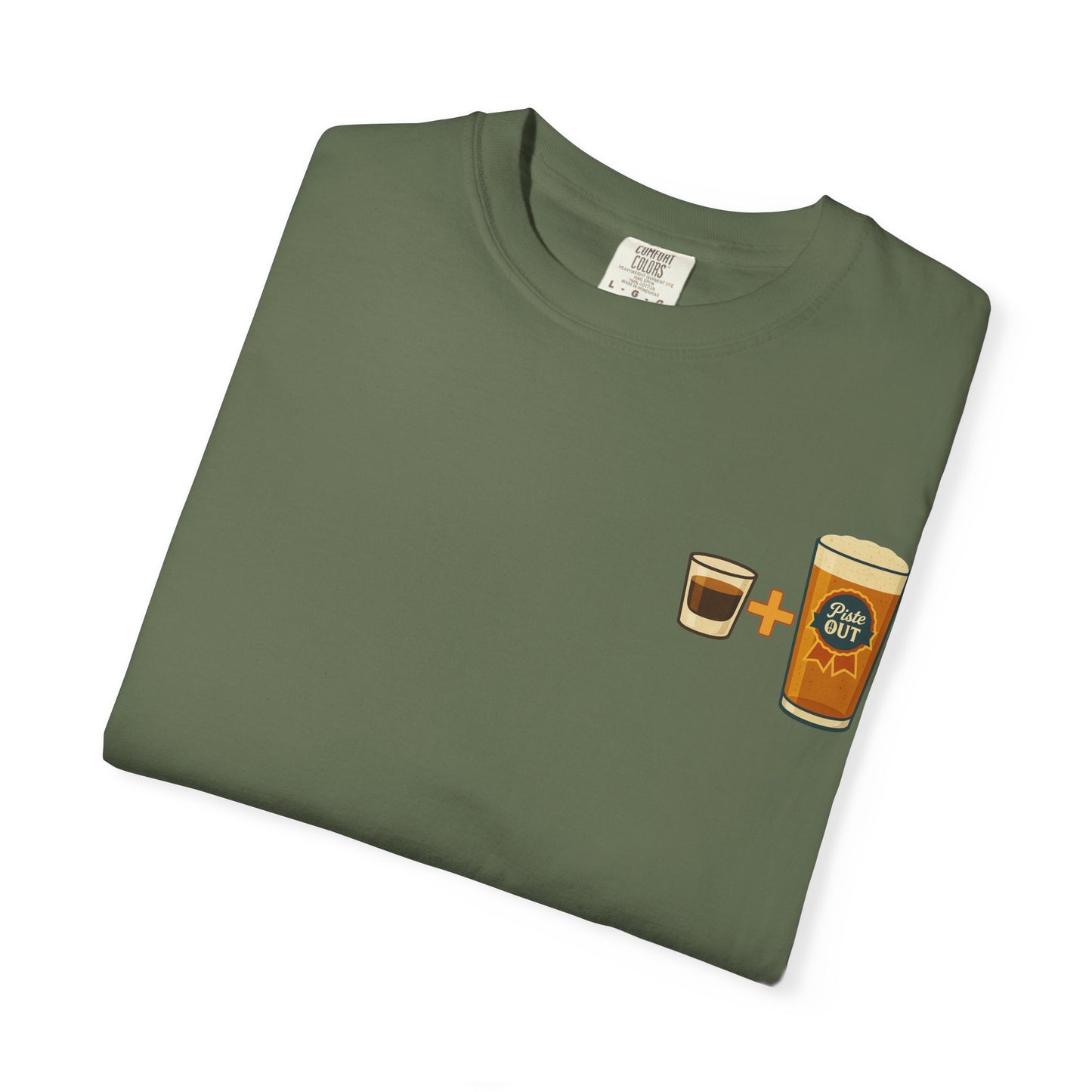 Military green Alta Bomb tee folded showing pint and shot glass illustration.