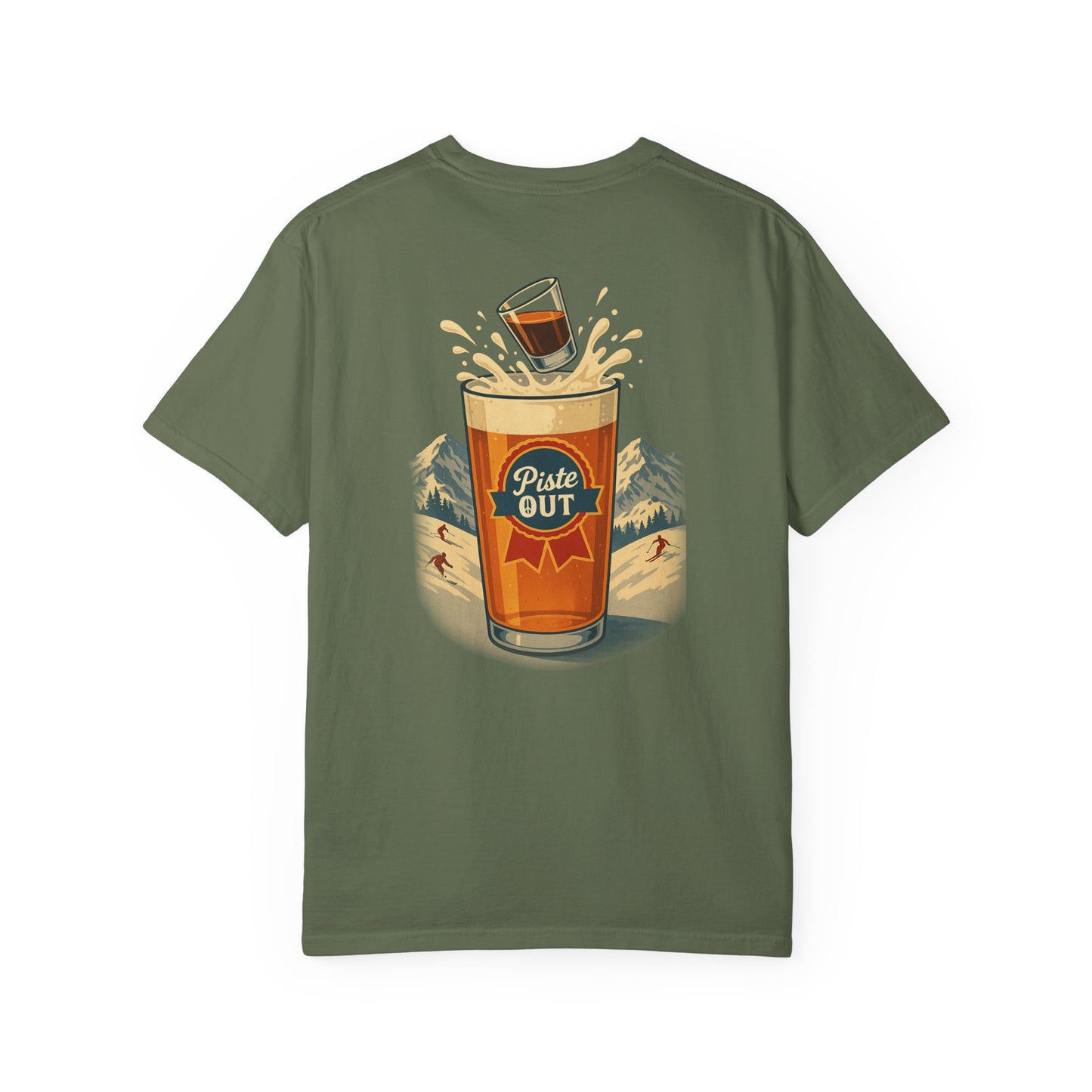 Front view of military green Alta Bomb après ski t-shirt with pint and shot glass.