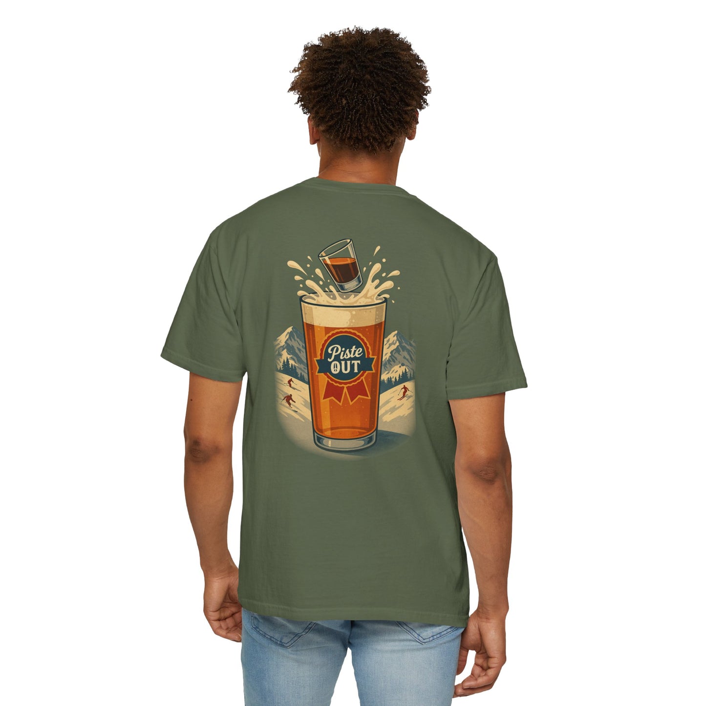 Model wearing military green Alta Bomb après ski t-shirt, back pint splash design.