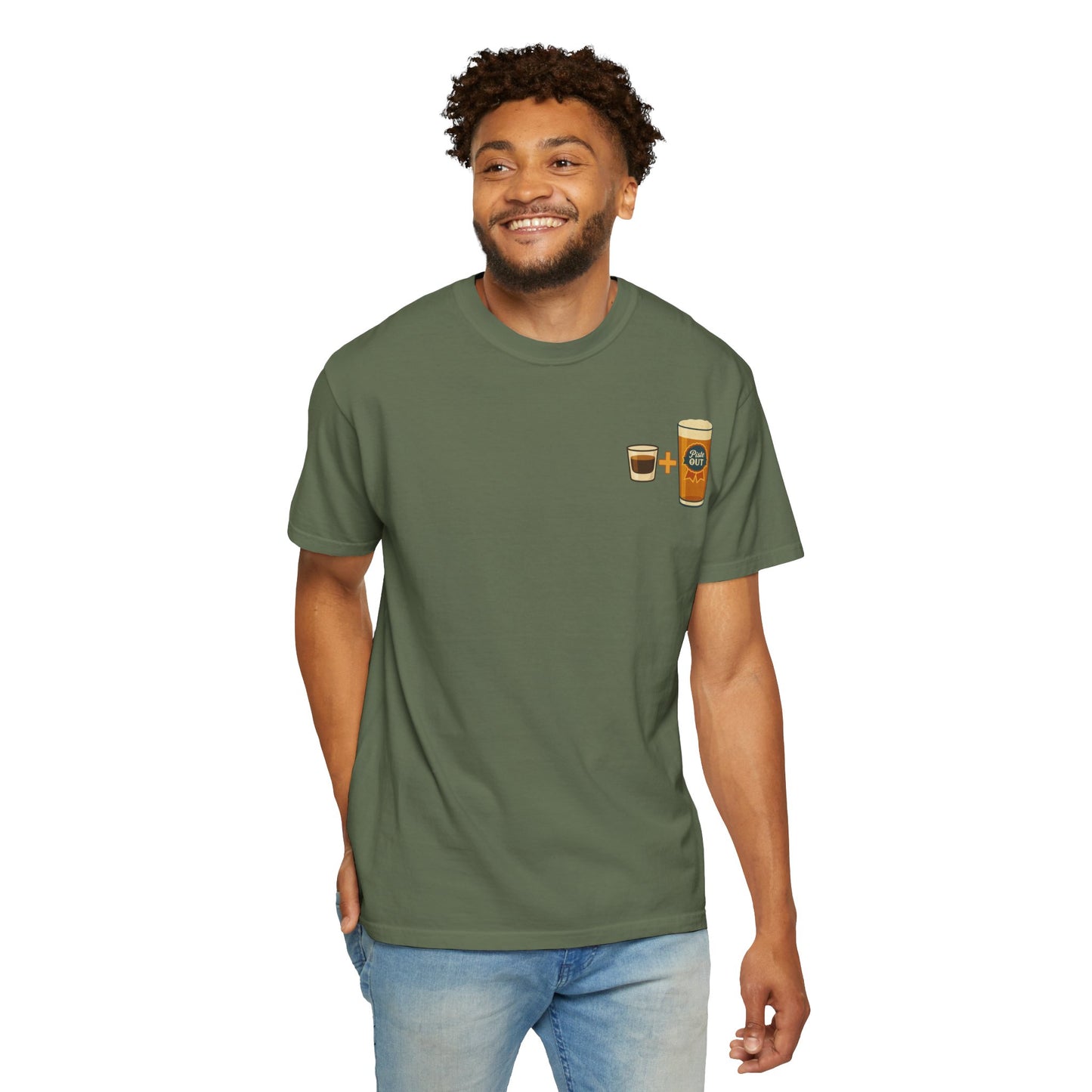 Model wearing military green Alta Bomb après ski shirt, front chest design.