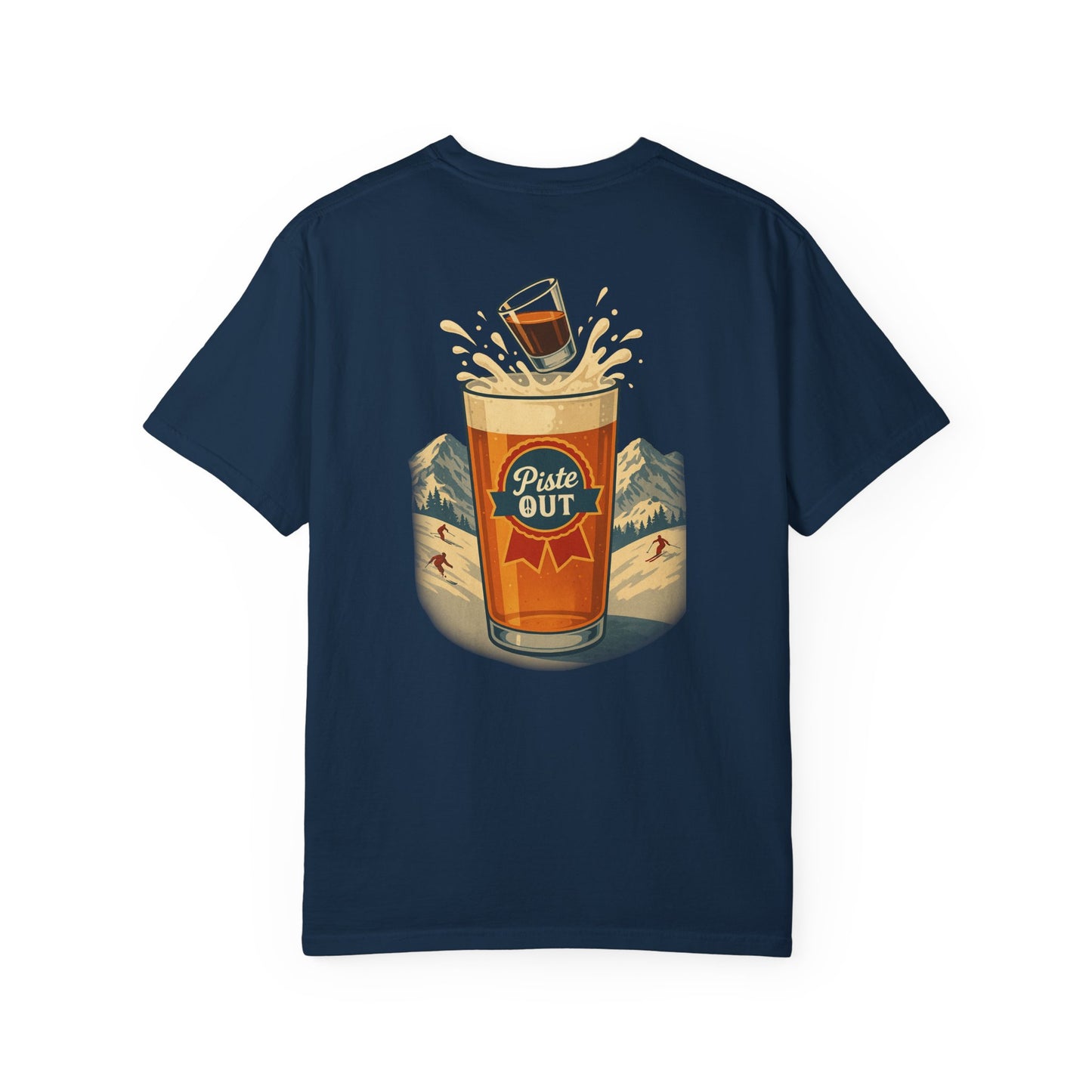 Back view of true navy Alta Bomb après ski shirt with pint splash illustration.