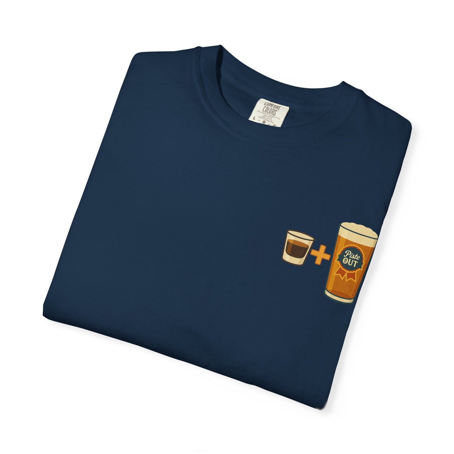 Navy Alta Bomb tee folded showing pint and shot glass chest print.